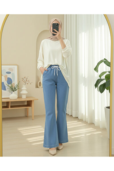 Modamorfo Beli Lace-Up Pocketed Flared Jeans - Blue