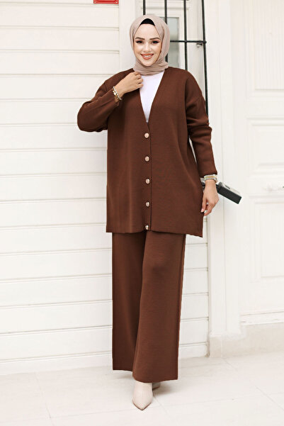 Tesettür Dünyası Buttoned Stone Knitwear Cardigan Set Tsd240932 Bitter Brown