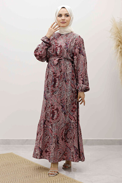Tesettür Dünyası Φόρεμα με μοτίβο σάλι με ζώνη TSD250257 Βουργουνδία