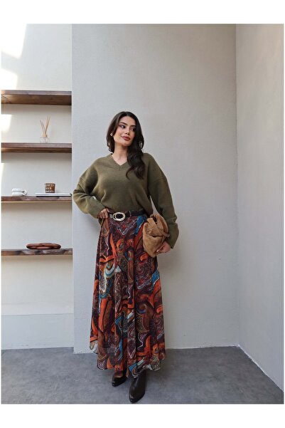 ESRAHELVACI Belted Ethnic Pattern Chiffon Skirt