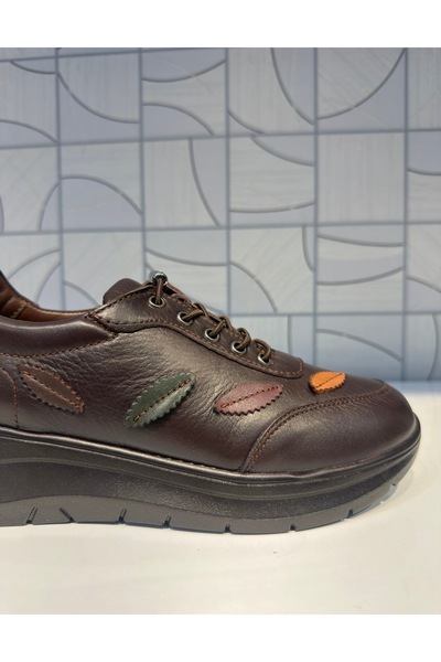 Anıl Ayakkabı B1 4060 Women's Brown Genuine Leather Rubber Laces Leaf Pattern Detailed Daily Orthopedic Shoes