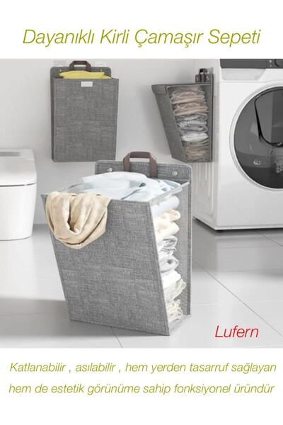 Lufern Dayanıklı Kirli Çamaşır Sepeti Katlanabilir Asılabilir Banyo Yatak Oda...