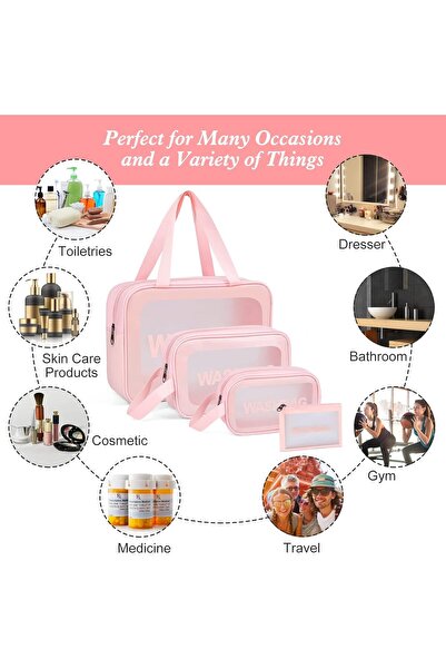 Generic Travel Toiletry Bags for Women, 4-Pack Translucent Waterproof Cosmetic Bags (Pink)