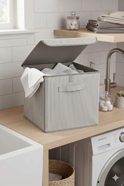 HomyJRs Gray Striped Lid Office Bedroom Toy Towel Storage Box Organizer 30X30X30