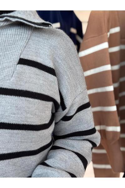 ribana Women's Hijab Clothing Stand Collar Vertical Striped Zippered Knitwear Tunic-Sweater