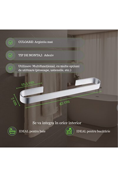 Salestore.ro No-Drill Towel Holder, 45cm,Self-Adhesive, Modern Design, Wall Mount,Silver, Bath/Kitchen Organizer