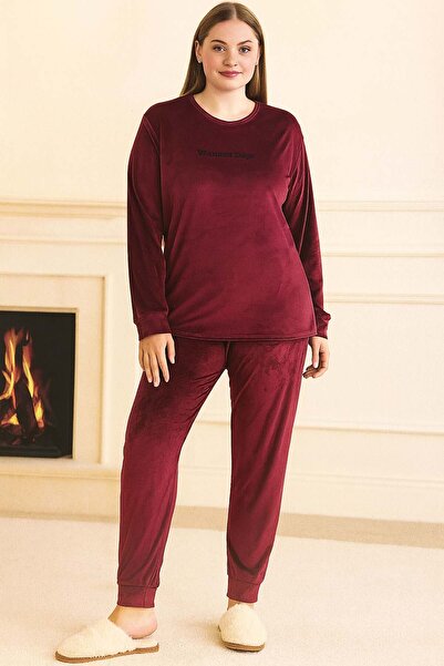 REMSA Plus Size Women's Velvet Fabric Pajama Set 13212 Burgundy