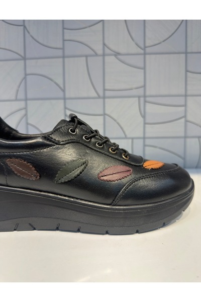 Anıl Ayakkabı B1 4060 Women's Black Genuine Leather Rubber Laces Leaf Pattern Detailed Daily Orthopedic Shoes