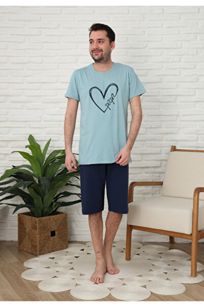 Serena Family pajamas for men, cotton, short sleeves and 3/4 pants, green color, heart print