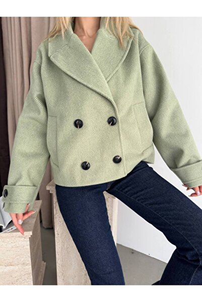ParlaMira Women's Green Cotton Textured Premium Cashmere Crop Coat
