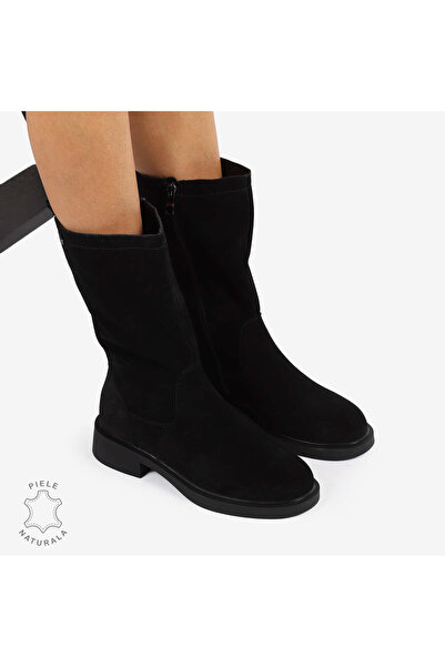 ANGEL BLUE Cizme Damă din Piele Naturală Intoarsa cu inchidere fermoar si talpa de 4cm CRL1252 NEGRU Suede