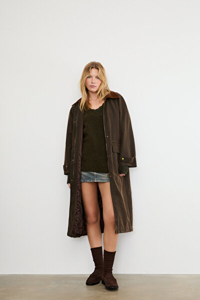Stradivarius Long waxed parka with detachable hood