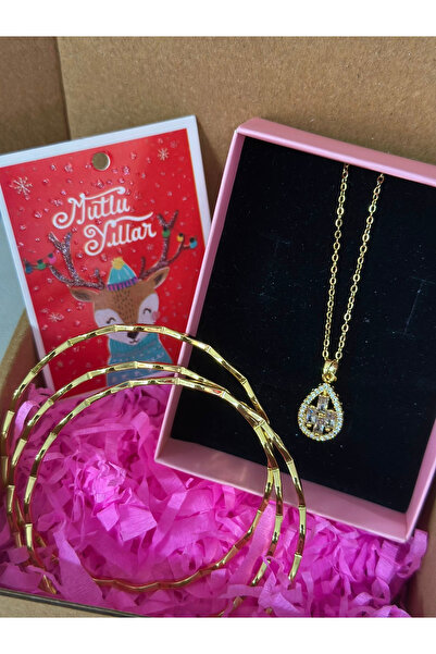 Be Fancy Çelik 3'lü Zikzak Ajda/Çelik Baget Taşlı Kolye Hediyelik Set Gold Renk