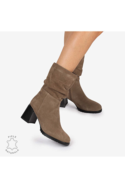 ANGEL BLUE Women's Boots Made of Genuine Suede Leather with Thick 7.5cm Heel CRL1246 Khaki