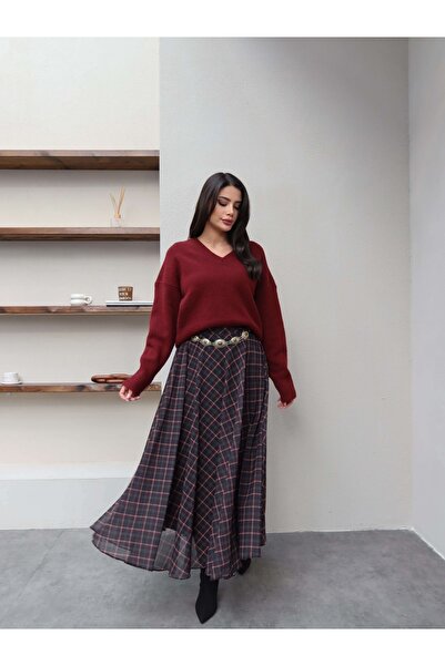 ESRAHELVACI Chiffon Plaid Pattern Flared Skirt