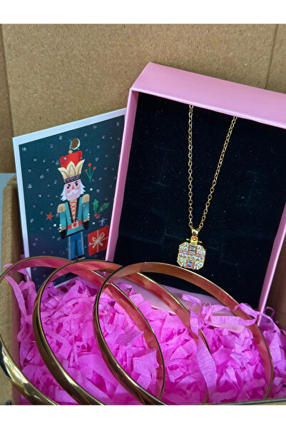 Be Fancy Çelik 3'lü Düz Ajda/Çelik Baget Taşlı Kolye Hediyelik Set Gold Renk