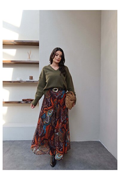 ESRAHELVACI Belted Ethnic Pattern Chiffon Skirt