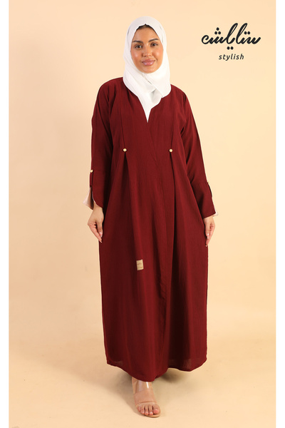 Stylish Linen wrap abaya in burgundy