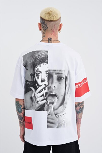 Machinist Men's Oversized Freedom Printed T-Shirt White