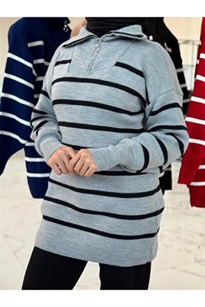 ribana Women's Hijab Clothing Stand Collar Vertical Striped Zippered Knitwear Tunic-Sweater