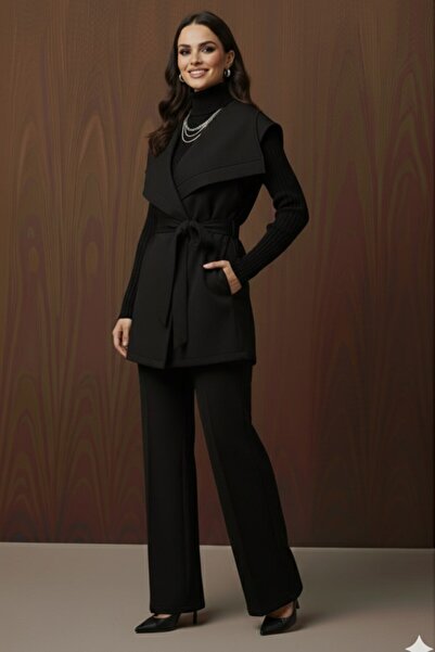 Puane Women's Black Color Stitched Detail Scuba Top with Belt High Quality Vest Set