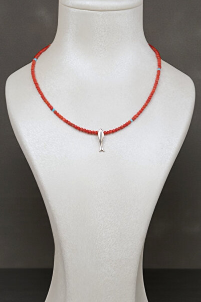 Luna Gümüş Balık ve Firuze Detaylı Gerçek Mercan Kolye