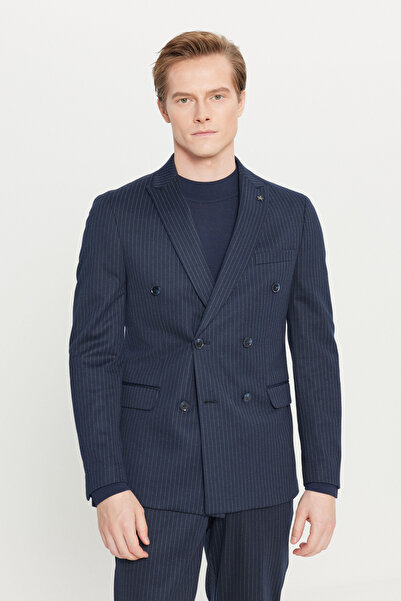 ALTINYILDIZ CLASSICS Slim Fit Swallow Collar Tie Waist Cover Pocket Striped Double-Breasted Navy Blue-White Suit