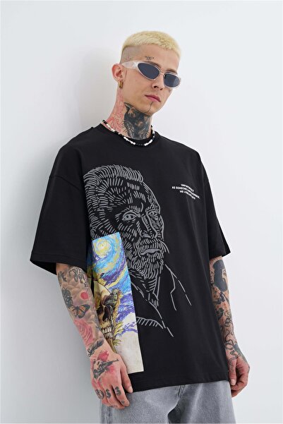 Machinist Men's Van Gogh Printed Oversized T-Shirt Black