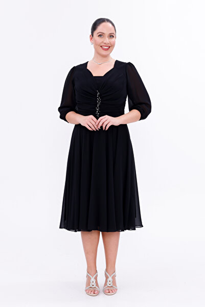 BDM Exclusive Şifon Drapeli Taş Broşlu Truvakar Kol Büyük Beden Abiye Elbise