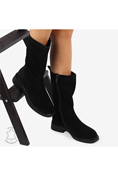 ANGEL BLUE Cizme Damă din Piele Naturală Intoarsa cu inchidere fermoar si talpa de 4cm CRL1252 NEGRU Suede