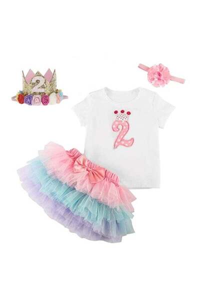 WE HAPPY 4-Piece Second Birthday Princess Party Dress Set Multicolour