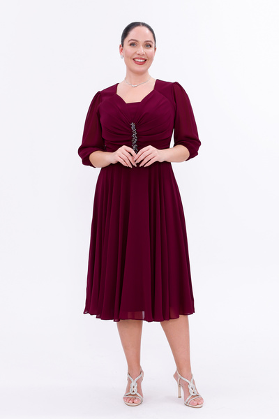 BDM Exclusive Şifon Drapeli Taş Broşlu Truvakar Kol Büyük Beden Abiye Elbise