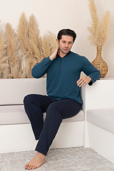 Serena Men's Big Size Pajamas – Fleece Inside, Dark Blue Blouse & Navy Blue Pants