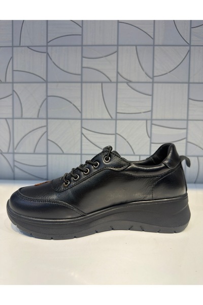 Anıl Ayakkabı B1 4060 Women's Black Genuine Leather Rubber Laces Leaf Pattern Detailed Daily Orthopedic Shoes