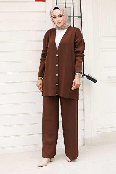 Tesettür Dünyası Buttoned Stone Knitwear Cardigan Set Tsd240932 Bitter Brown