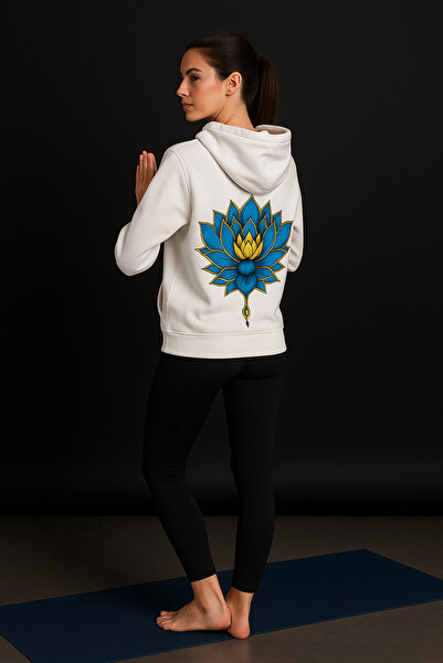 ocke Unisex White Yoga Lotus Back Printed Hooded Hoodie Sweatshirt