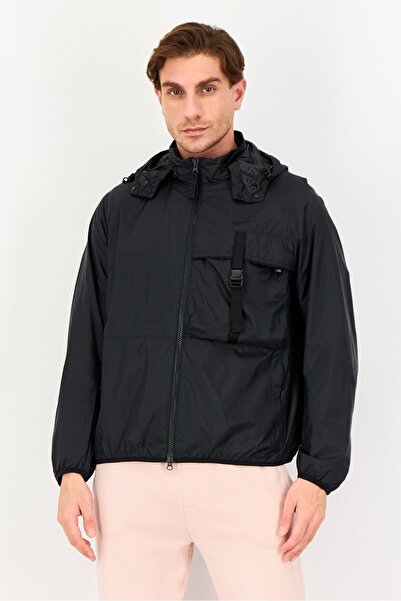 Nike جاكيت رجالي فضفاض بأكمام طويلة بغطاء رأس للأنشطة الخارجية، أسود