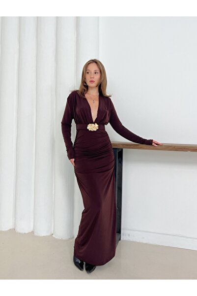 Joi Vatkalı Aksesuarlı Kemerli Drapeli Uzun Elbise