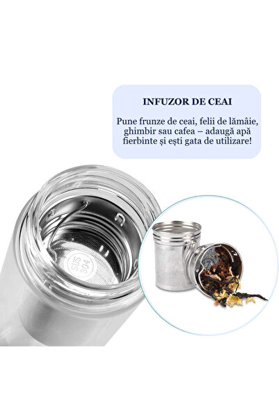 Salestore.ro Borosilicate Glass Thermos, 450ml, Double Wall, with Infuser, Bamboo Lid, Elegant Design.