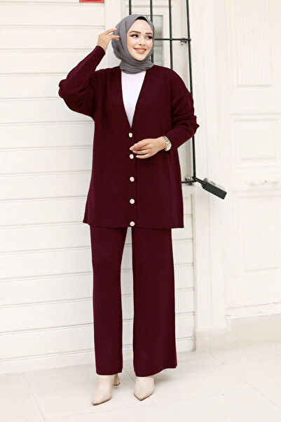 Tesettür Dünyası Buttoned Stone Knitwear Cardigan Set Tsd240932 Burgundy