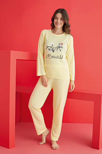 rindahomewear Women's Ribbed Cycling Printed Long Sleeve Pajama Set