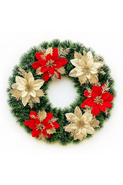 Fabrilux Christmas Decorative Wreath 30 cm with Artificial Pine and Red/Gold Poinsettia -