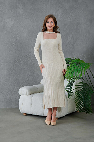 Park Karon Women's Crew Neck Tulle Detail Maxi Size Corded Fabric Knitwear Dress