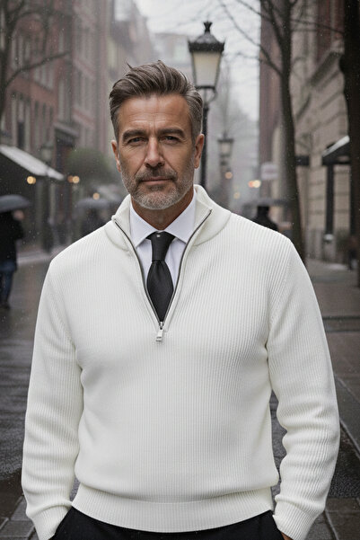 NAZEF Slim Fit Zippered Judge Collar Corded Fabric Cotton White Sweater