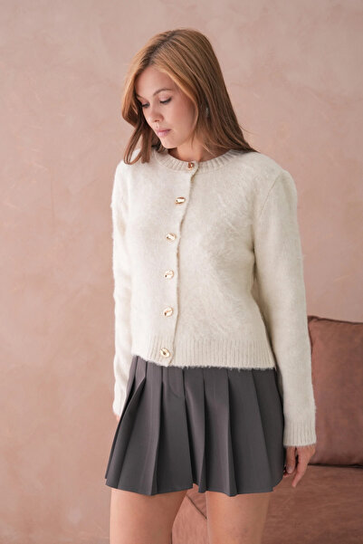 Park Karon Women's Crew Neck Button Detailed Soft Textured Fleece-Lined Knitwear Jacket