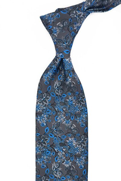 Kravatkolik Smoked - Indigo Blue Floral Pattern Printed Handkerchief Classic Tie Kk13349