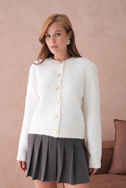 Park Karon Women's Crew Neck Button Detailed Soft Textured Fleece-Lined Knitwear Jacket