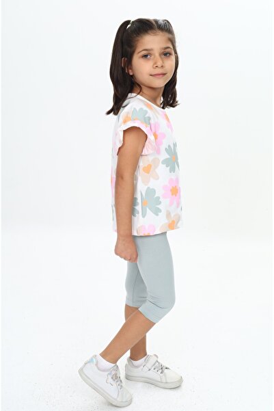 Toontoy Girl's Sleeve Ruffle Detailed Floral Printed Capri Suit