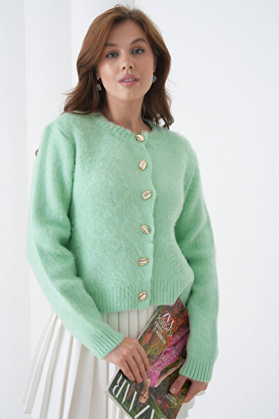 Park Karon Women's Crew Neck Button Detailed Soft Textured Fleece-Lined Knitwear Jacket