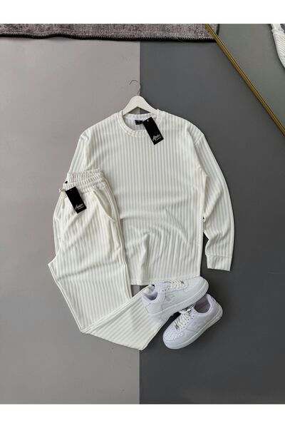 Combineman35 Men's Vertical Striped Stretch Fabric Ottoman White Sweatshirt White Trousers 2-Piece Set